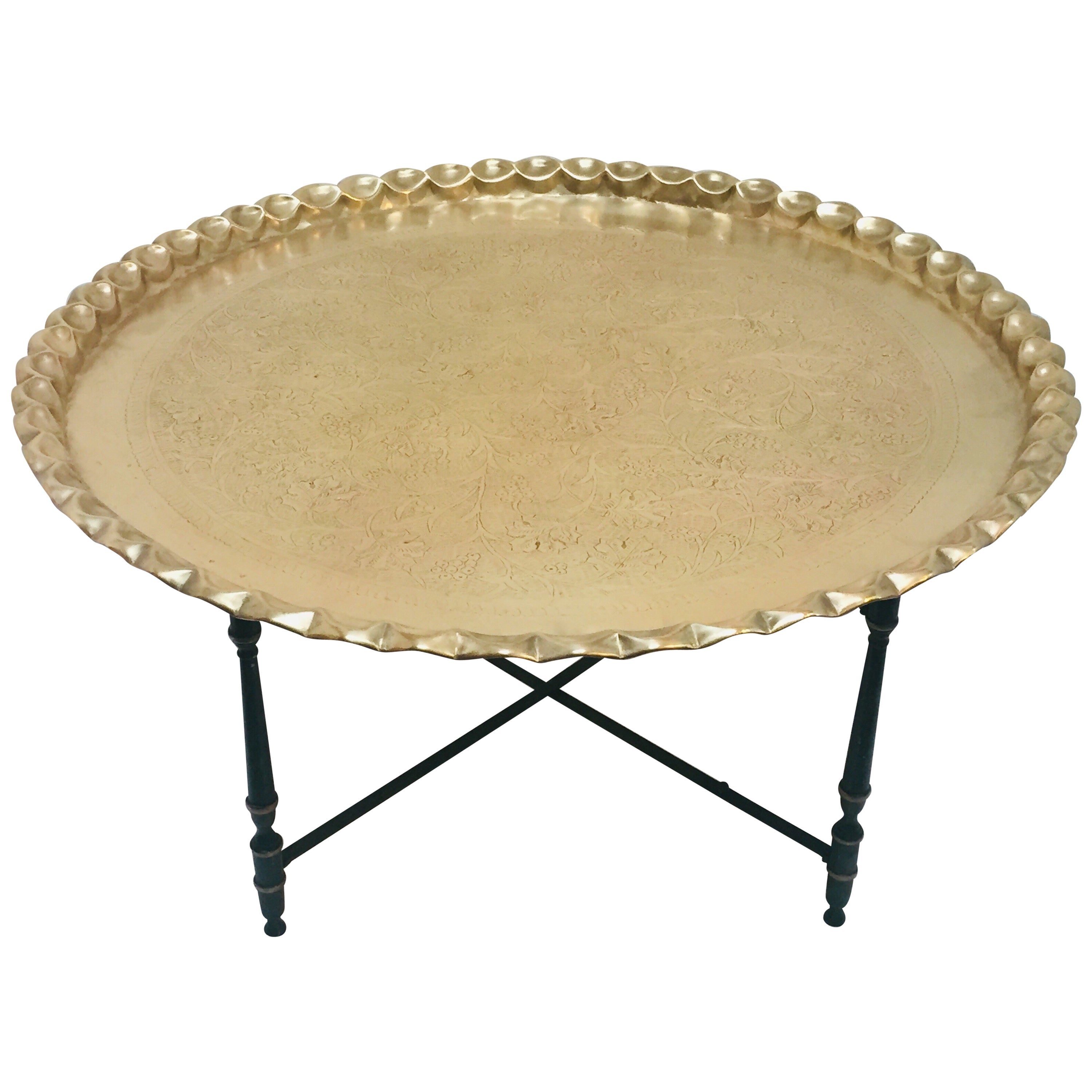Vintage Moroccan Etched Brass Round Tray Table For Sale at 1stDibs