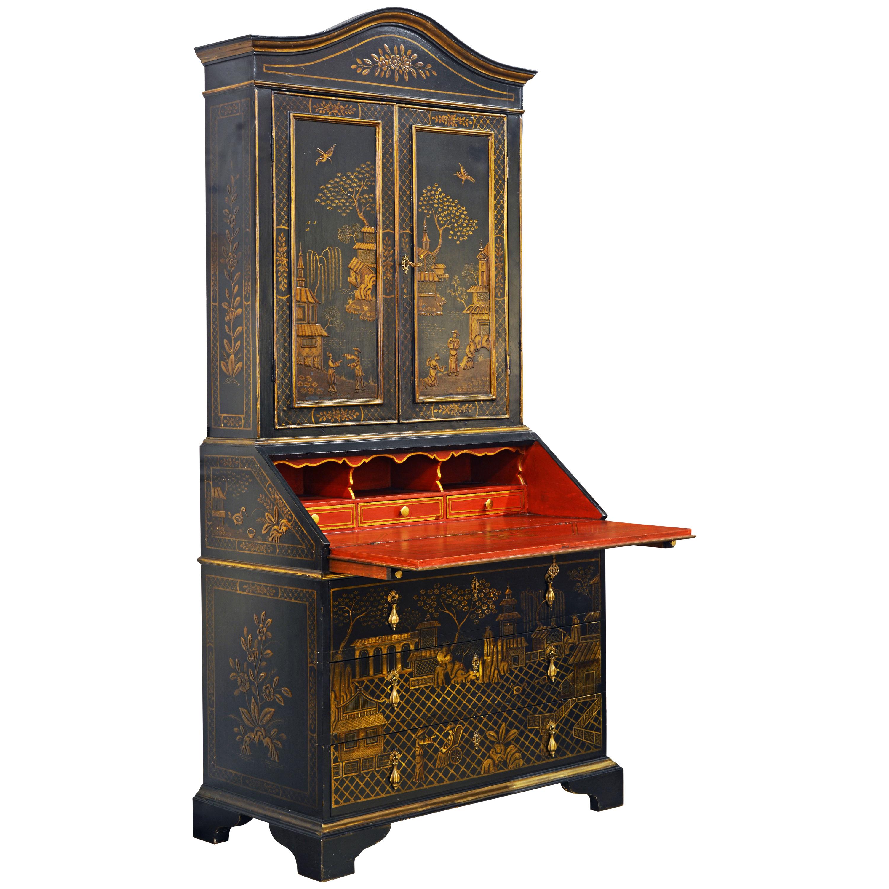 Italian 20th Cent Painted and Gilt Chinoiserie Decorated Two-Part Secretary Desk