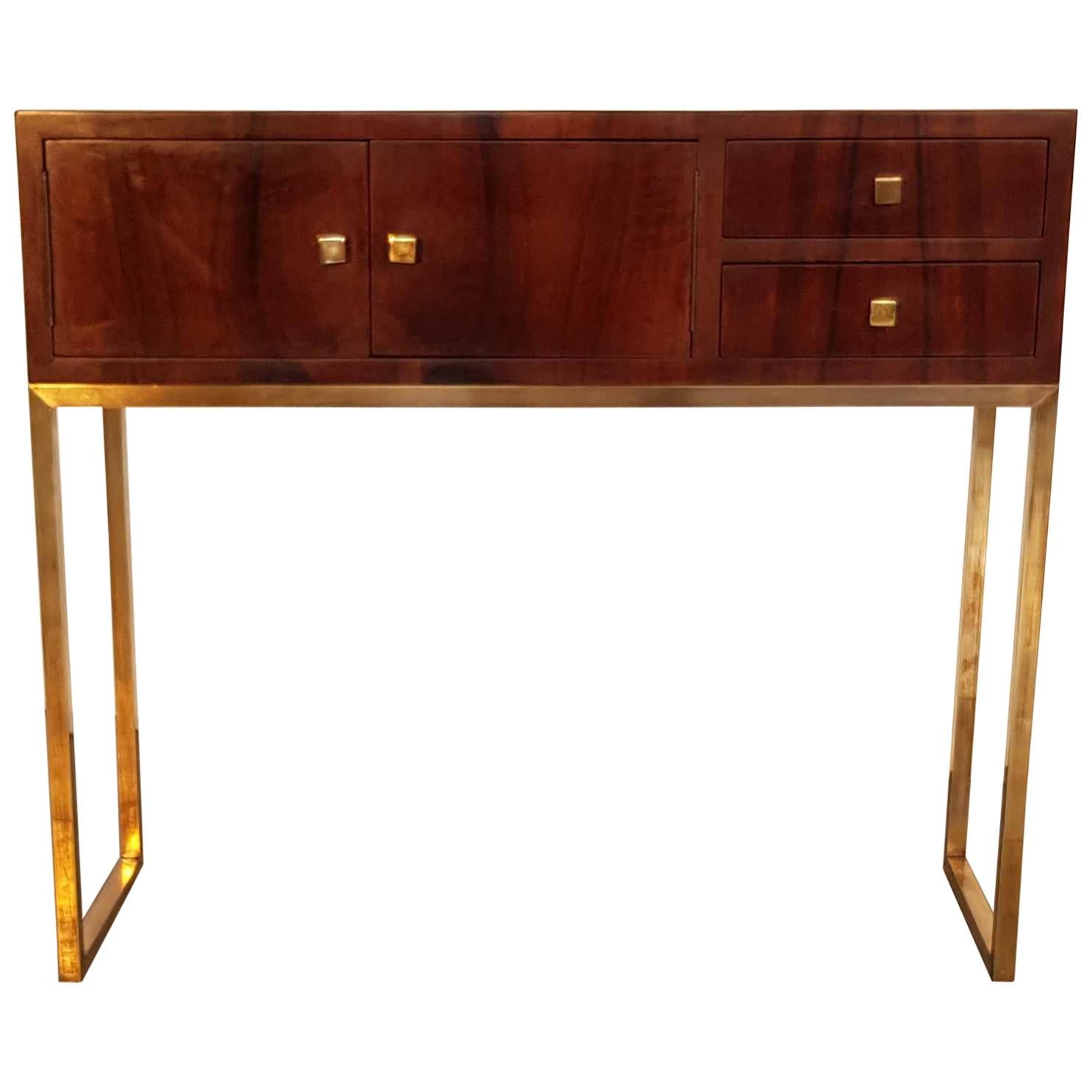 Hungarian Bauhaus Console with Hand-Polished Walnut Veneer on Brass Legs For Sale