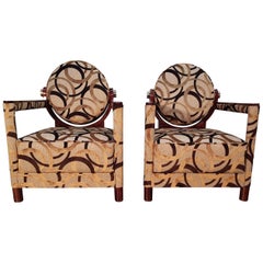 Pair of French Art Deco Walnut Upholstered Armchairs with Unique Moving Back