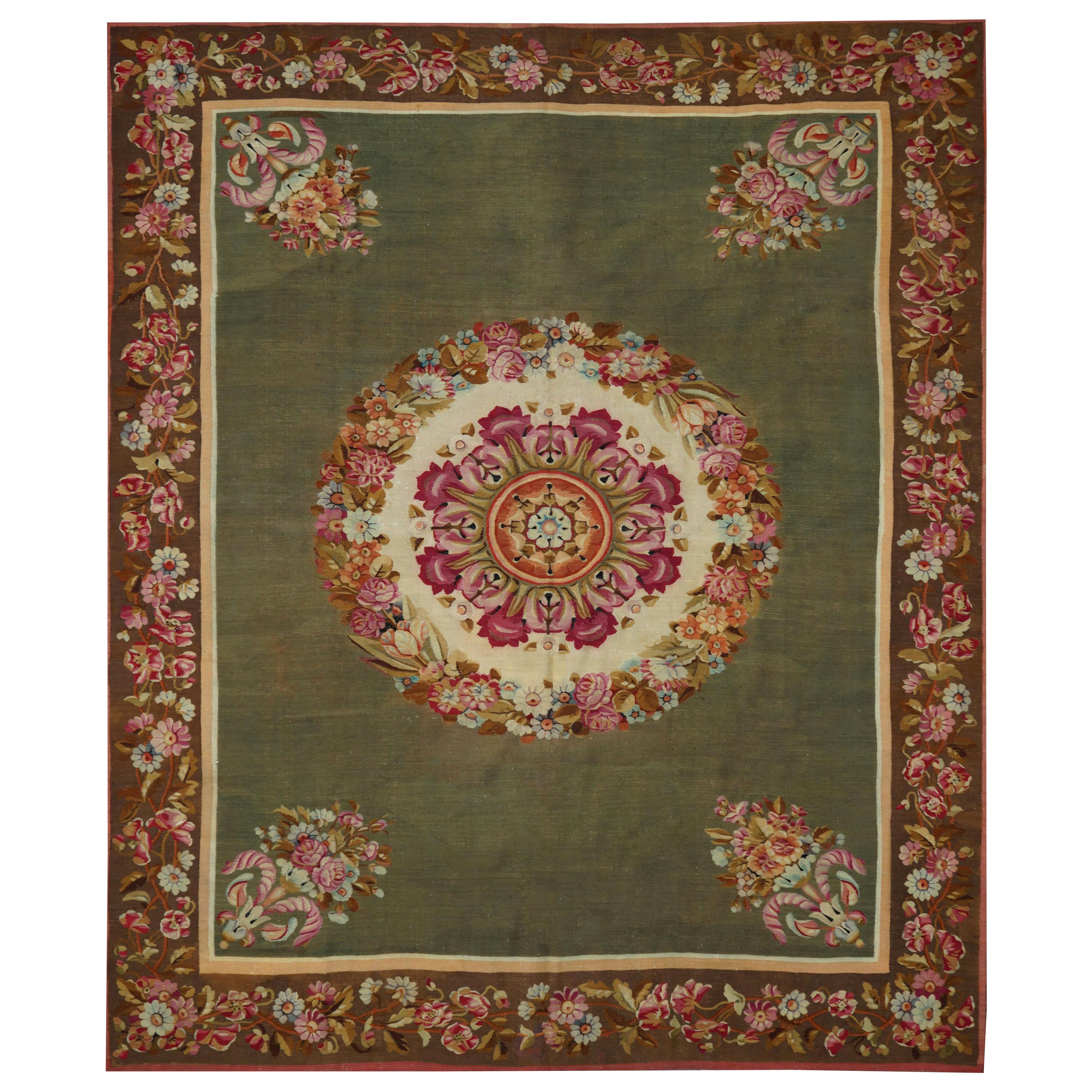 19th Century Handwoven Aubusson Rug, Green with Flowers