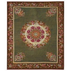 19th Century Handwoven Aubusson Rug, Green with Flowers