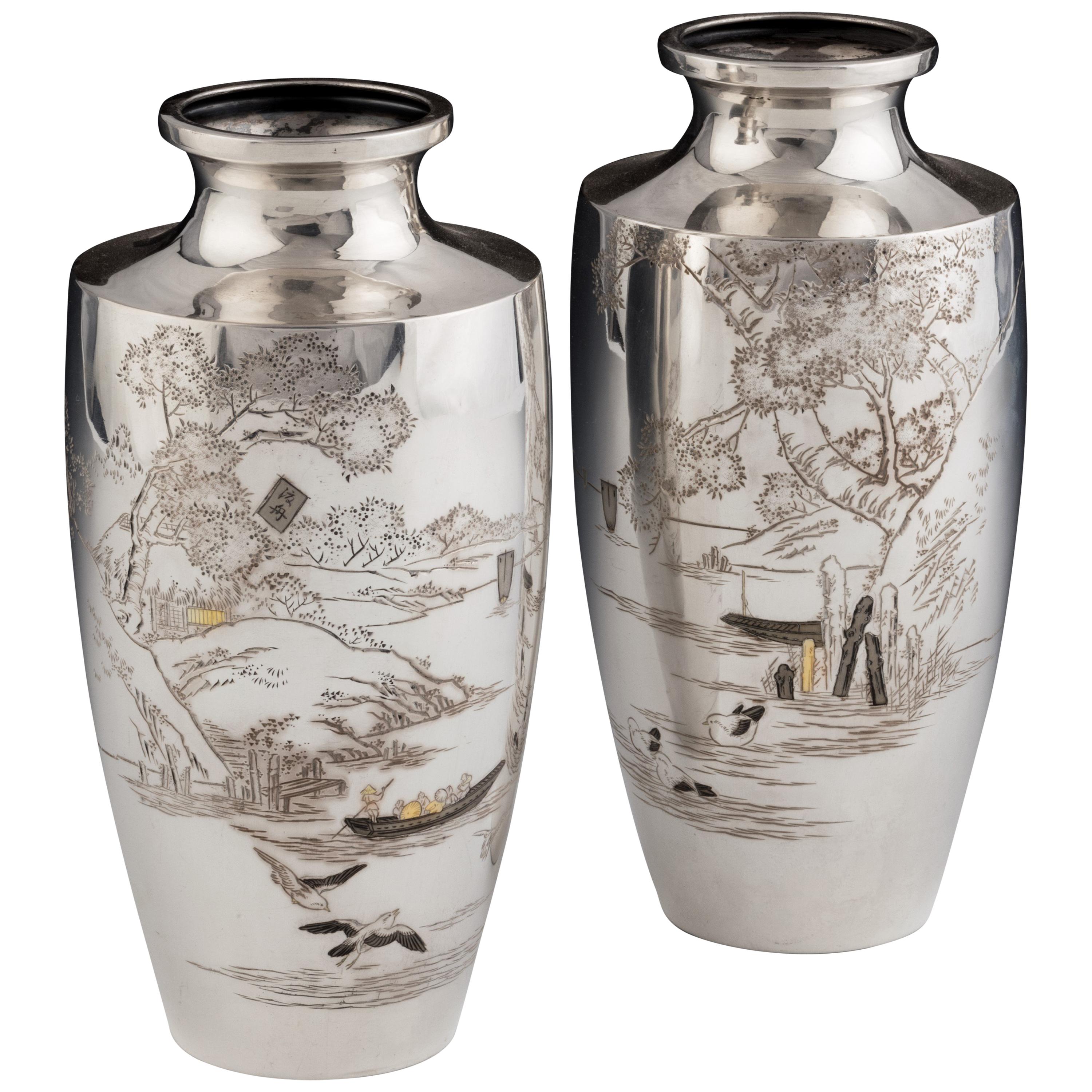 Pair of Taisho Period Silver Vases