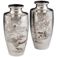 Antique Pair of Taisho Period Silver Vases