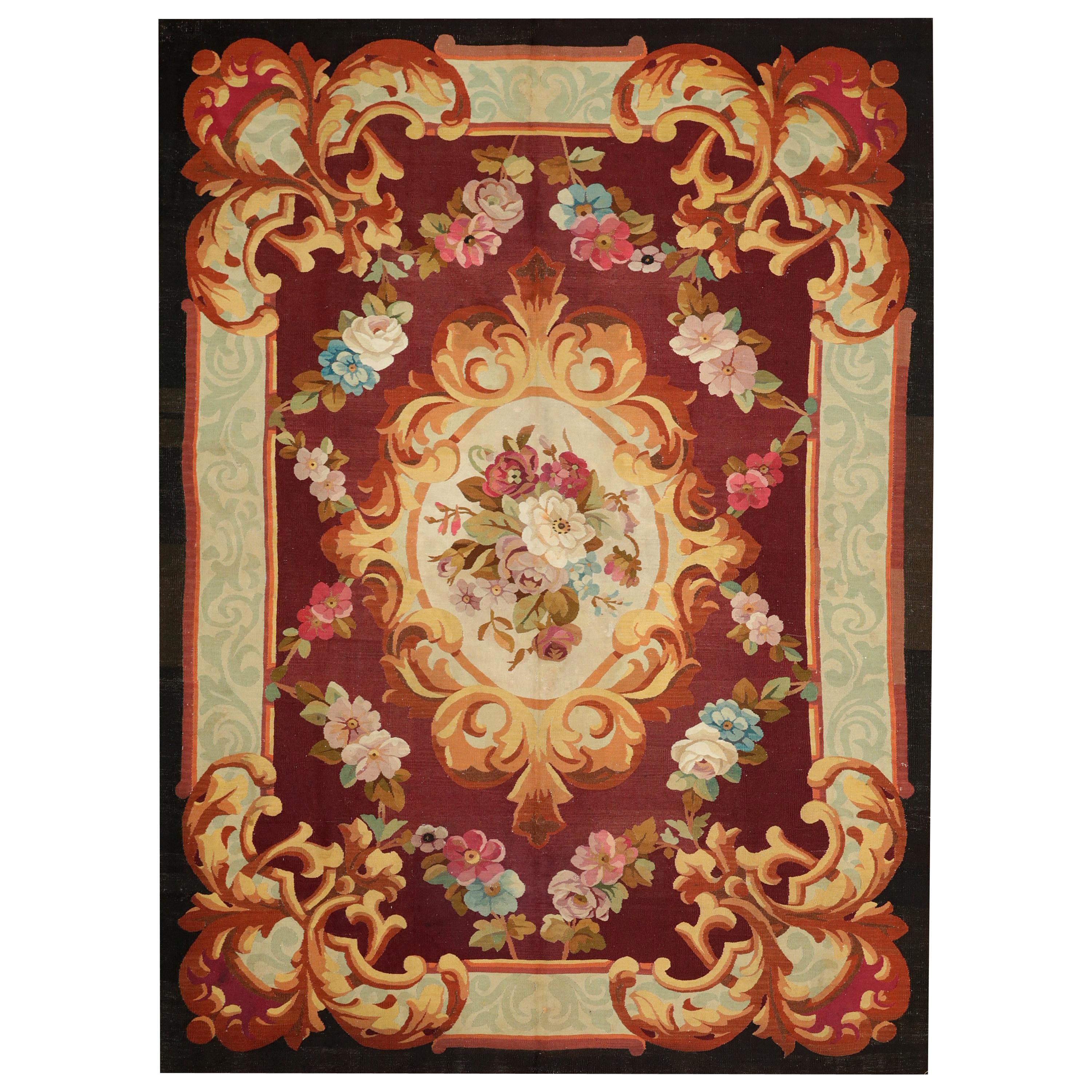Mid-19th Century Handwoven Antique Aubusson Rug, Red with Flowers