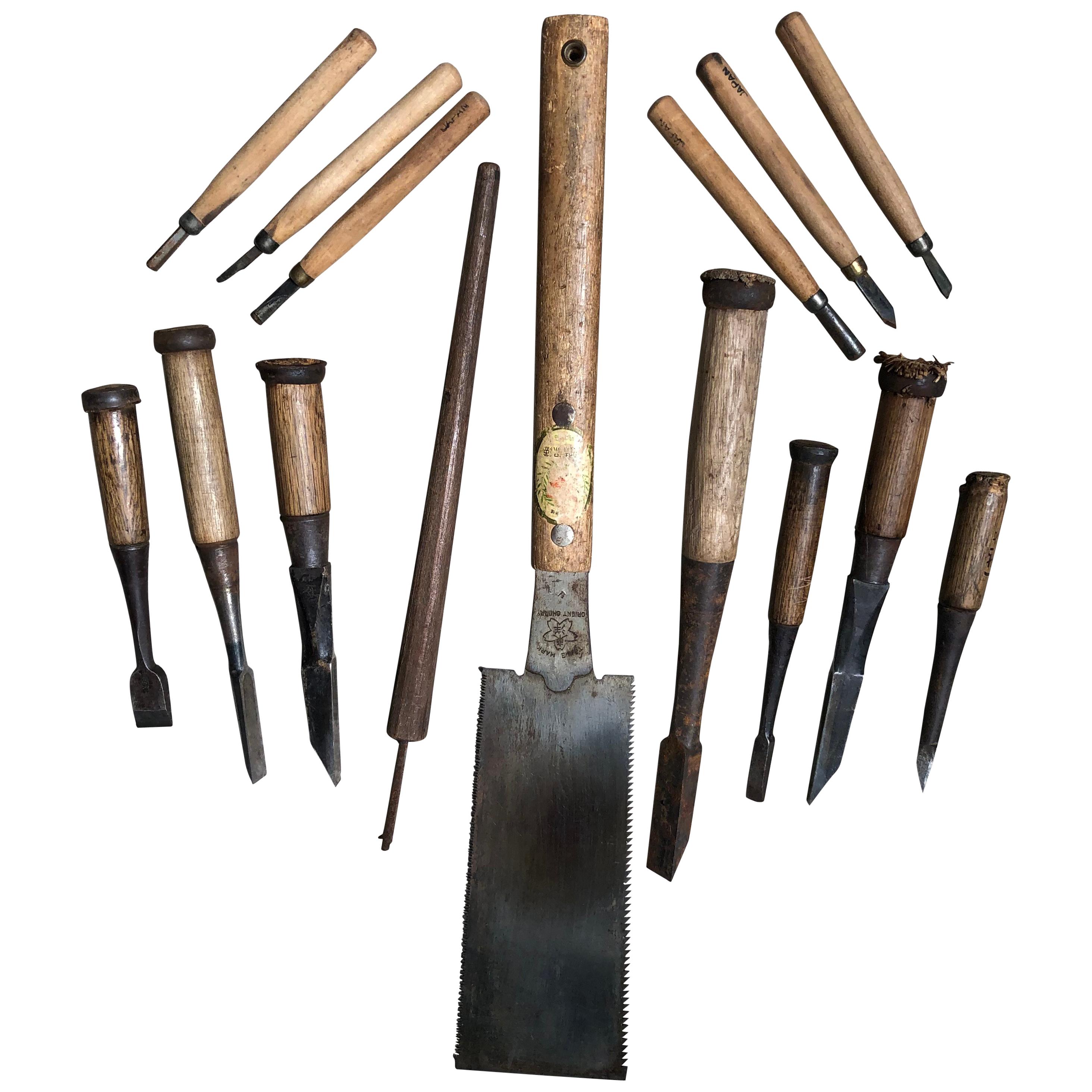 Japanese Carpenter's Cache 15 Antique Professional Tools, Saw and Chisels