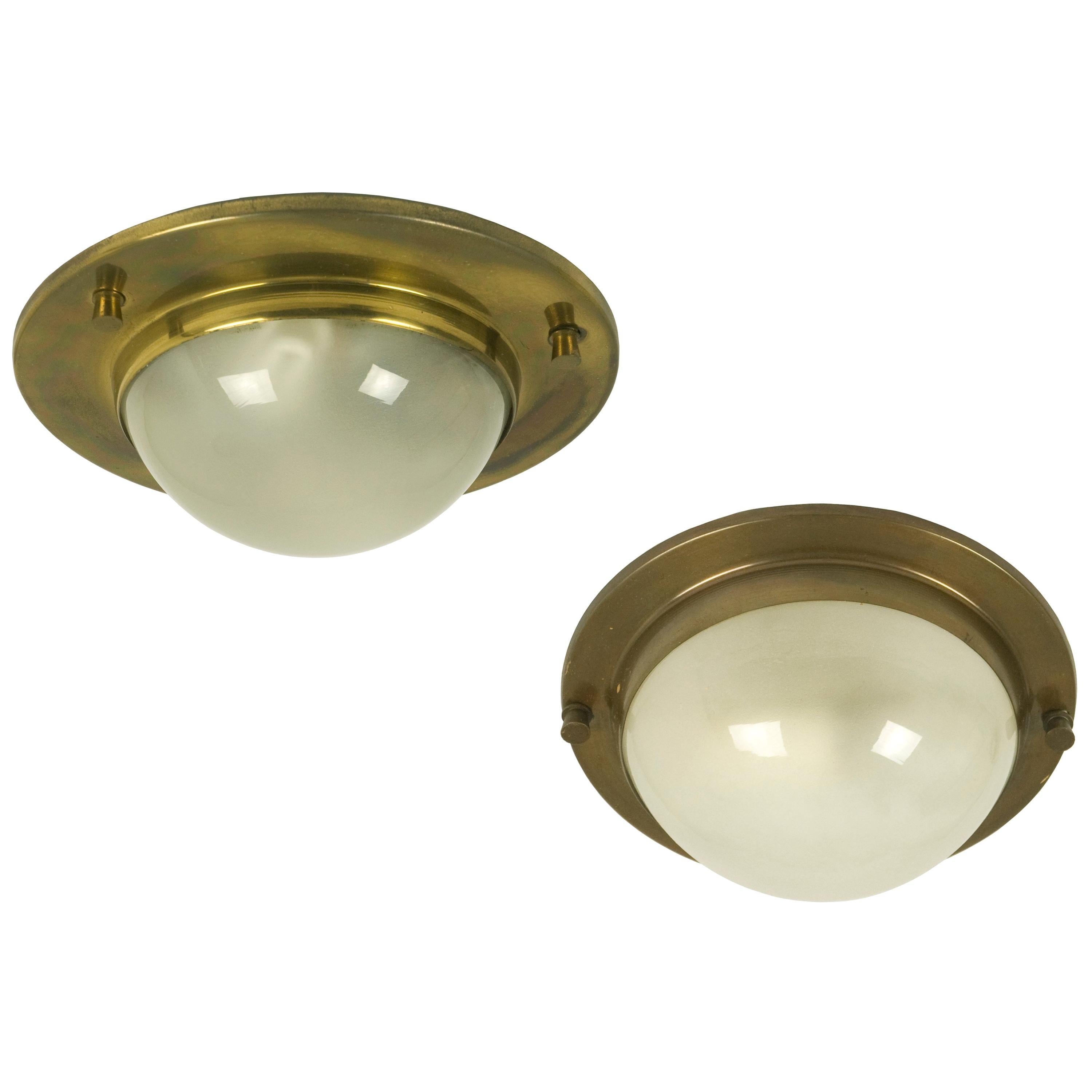 Pair of Brass and Glass 1950s Wall / Flush Mount Lamp in the Manner of Azucena