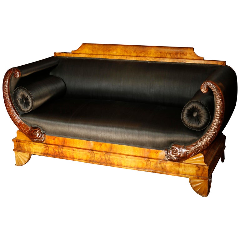 Early 19th Century German Burl Walnut Biedermeier Sofa in Black
