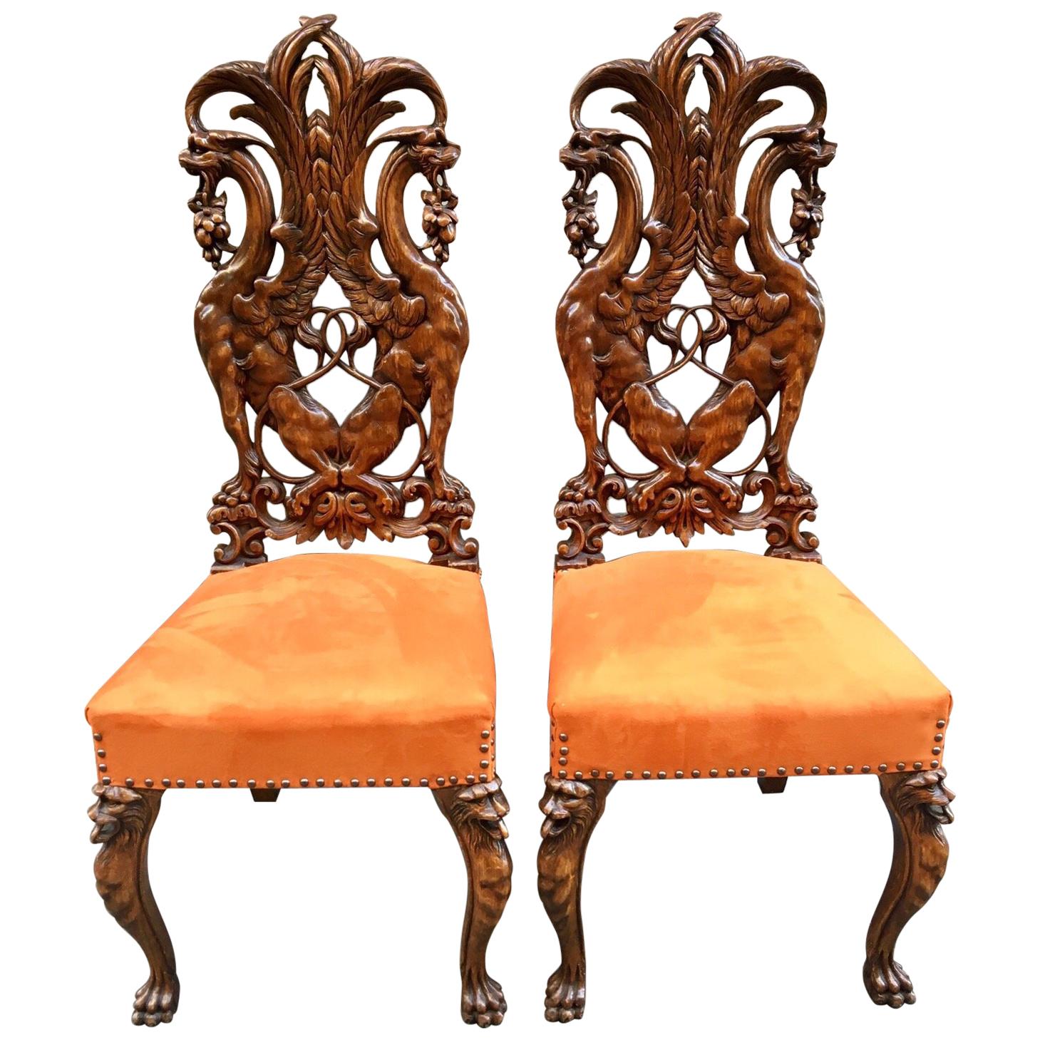 Pair of Carved Renaissance-Style Wooden Chairs Orange Alcantara Seat, Early 1900