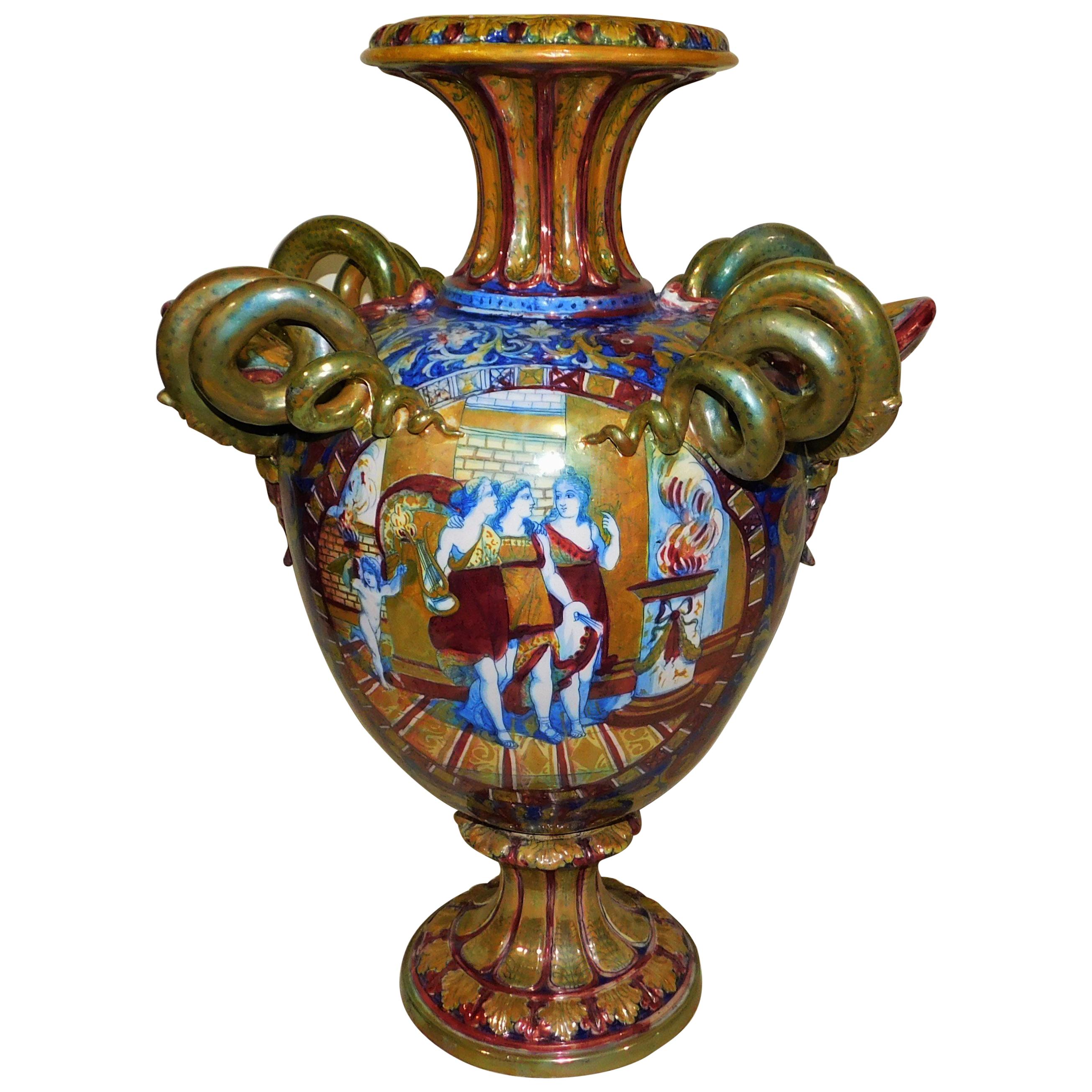 Monumental circa 1890 Italian Majolica Ceramic Urn Shaped Vase