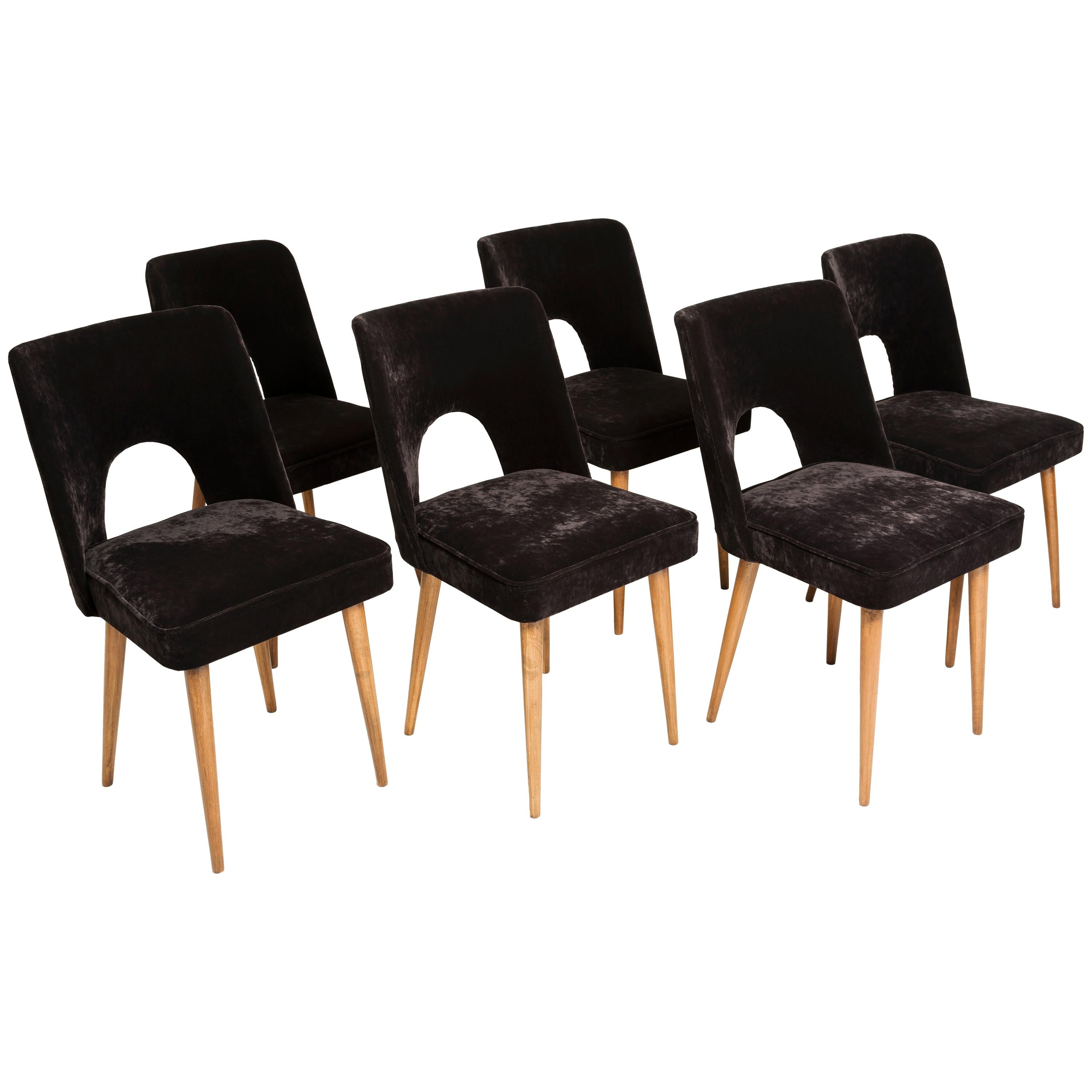 Set of Six Black Velvet 'Shell' Chairs, 1960s