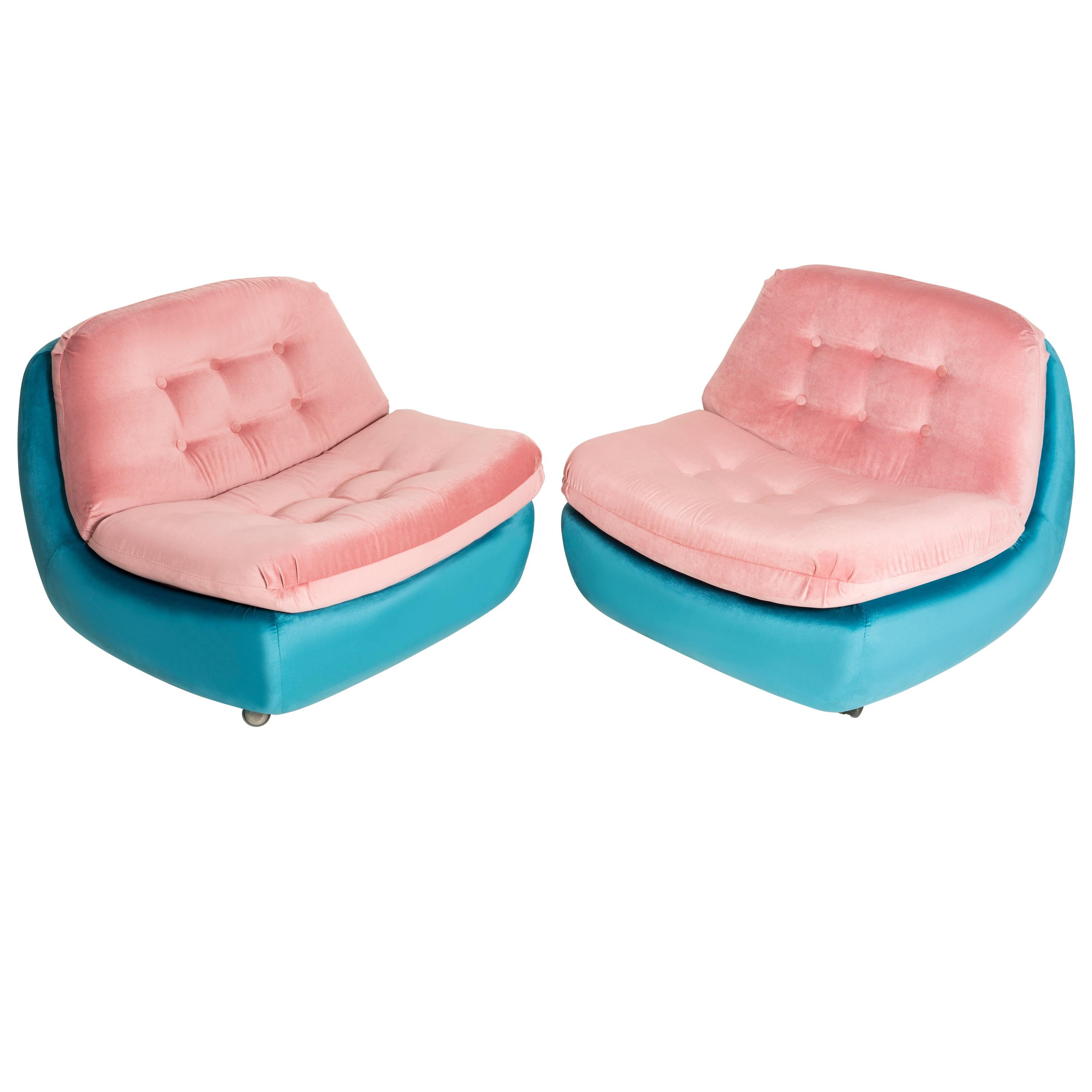 Set of Two 20th Century Vintage Pink and Blue Atlantis Armchairs, 1960s For Sale