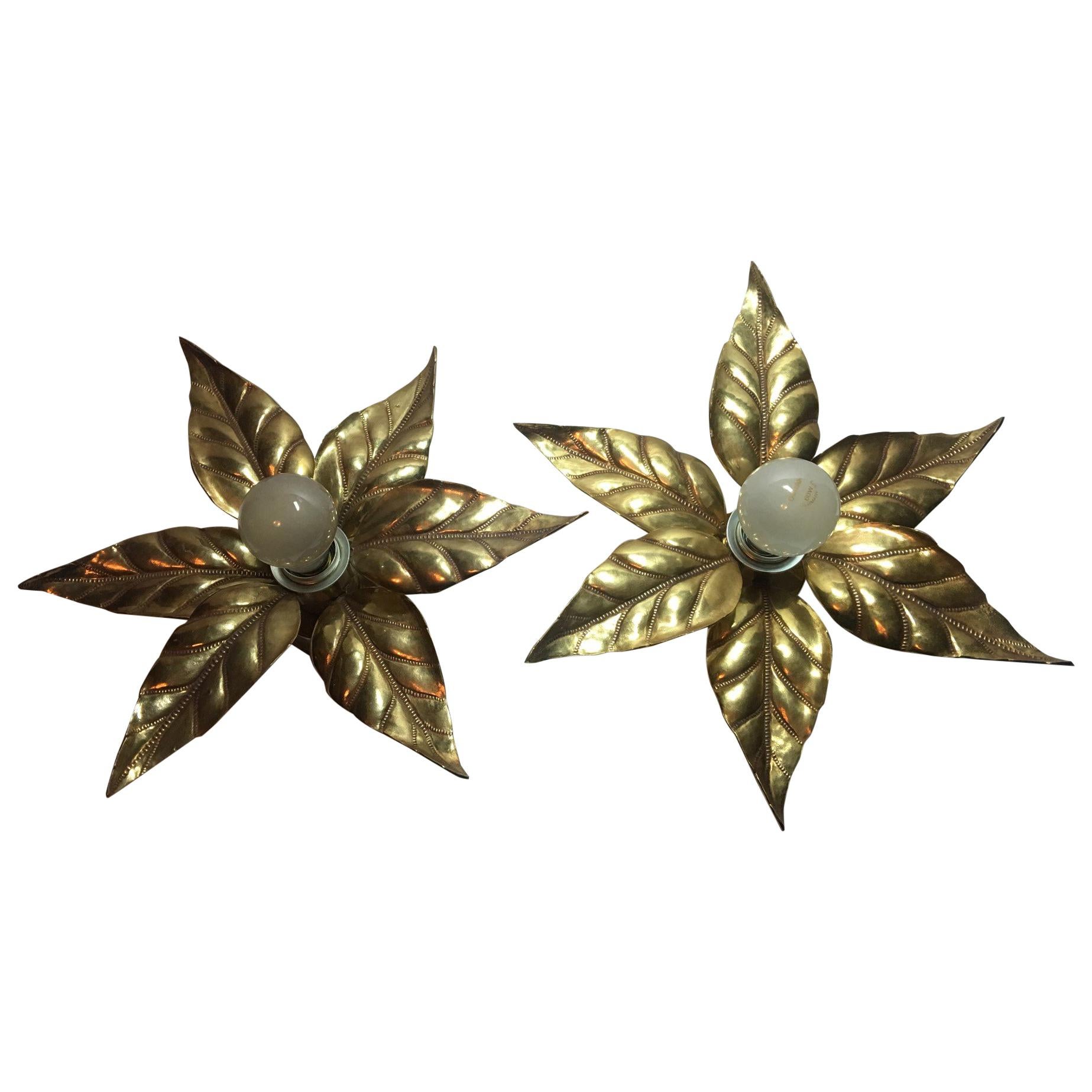 1960s Flower Power Brass Flush Mount or Sconces Willy Daro Style For Sale