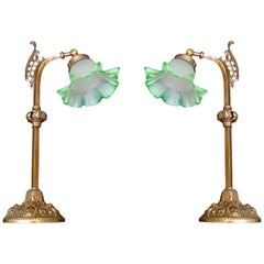 Pair of Art Nouveau Ornate Bronze, Green Art Glass Flower Swing Arms Table Lamps