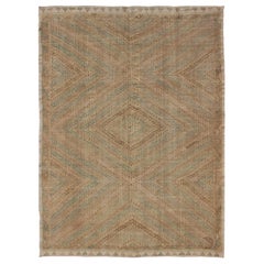 Tan and Rust Colored Vintage Turkish Kilim Rug with Geometric Diamond Design