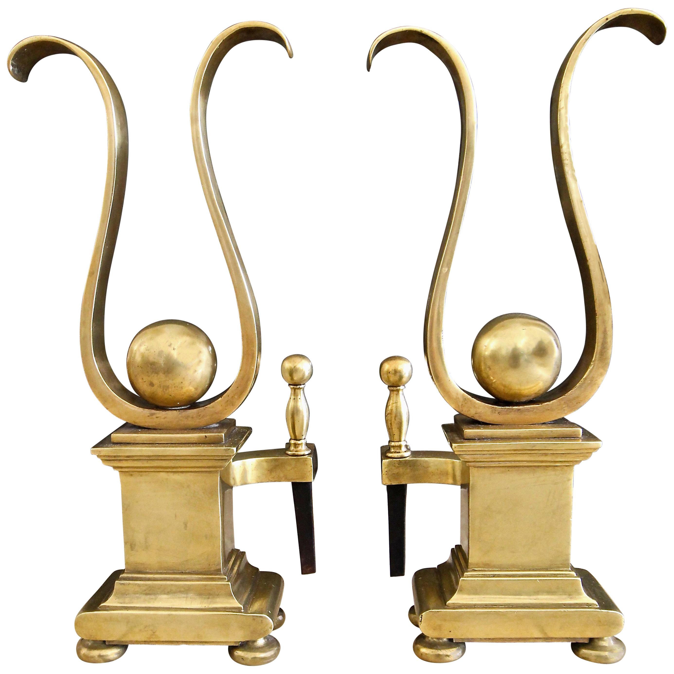 Pair of French Solid Brass Lyre Shape Andirons