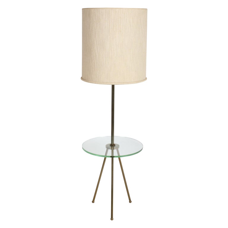 Midcentury Brass Tripod And Glass Shelf Floor Lamp