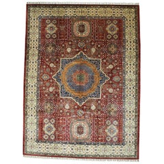 Blue Red and Beige Contemporary Handmade Wool Turkish Oushak Rug