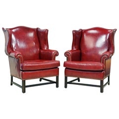 Pair of Vintage Chippendale  Style Nail-Head Trimmed Leather Wing Back Chairs