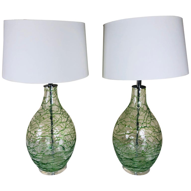 Pair of Green Glass Table Lamps For Sale at 1stDibs