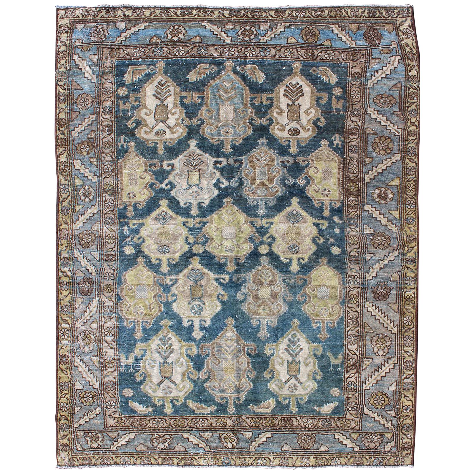 Shades of Blue and Ivory Antique Persian Fine Malayer Rug, Large Scale Design For Sale