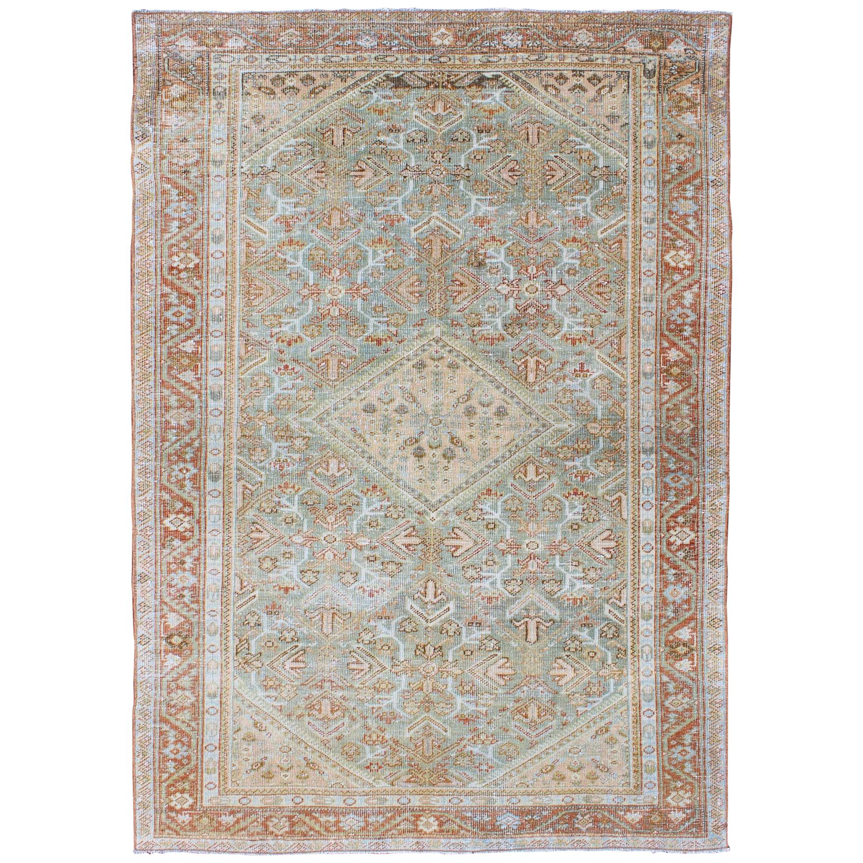 Light Green and Red Antique Persian Mahal Rug with Peach Medallion Design For Sale