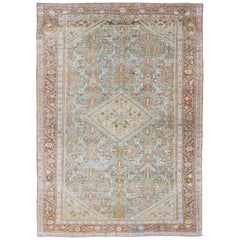 Light Green and Red Antique Persian Mahal Rug with Peach Medallion Design