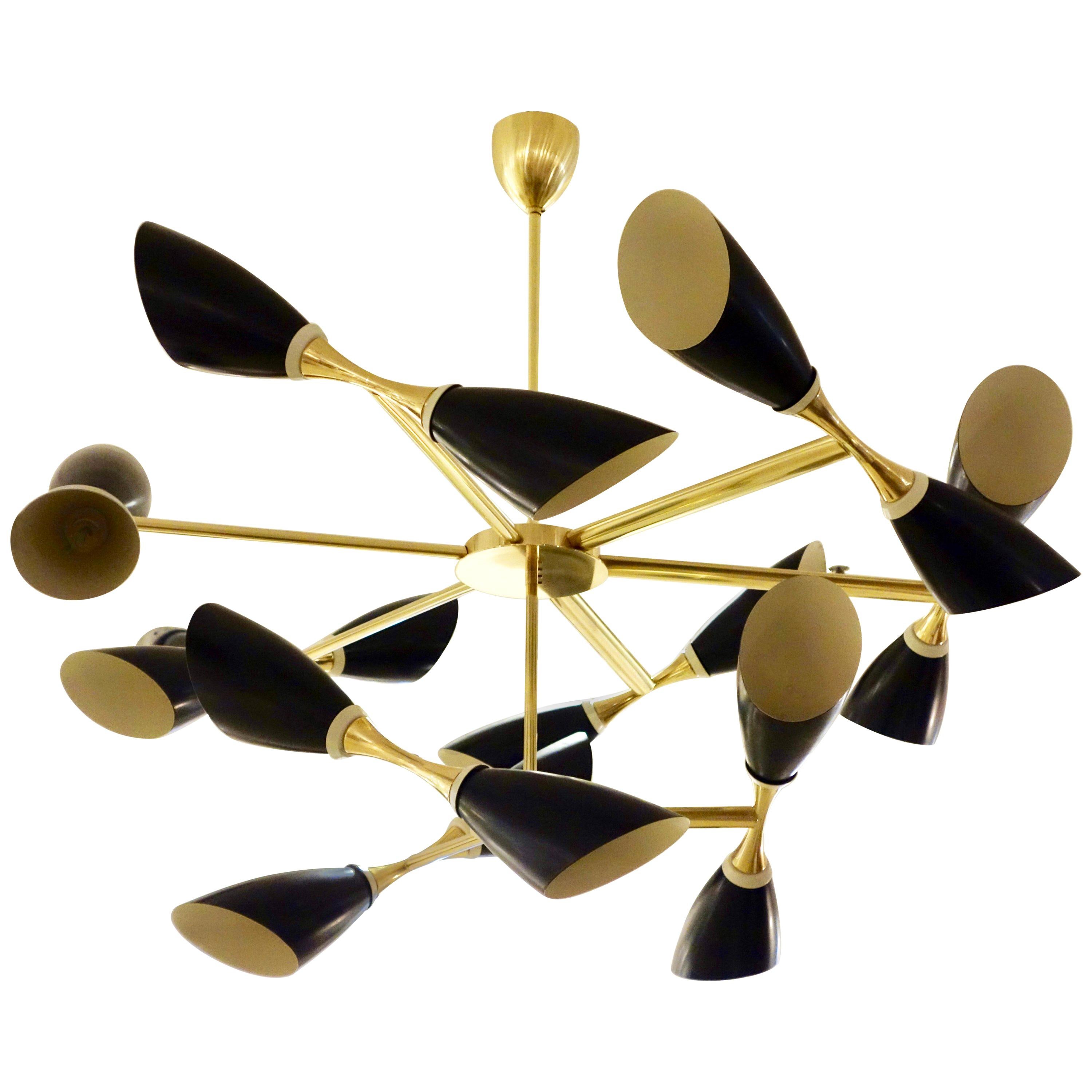 Italian Midcentury Style Black Cone and Solid Brass Studio Made Chandelier