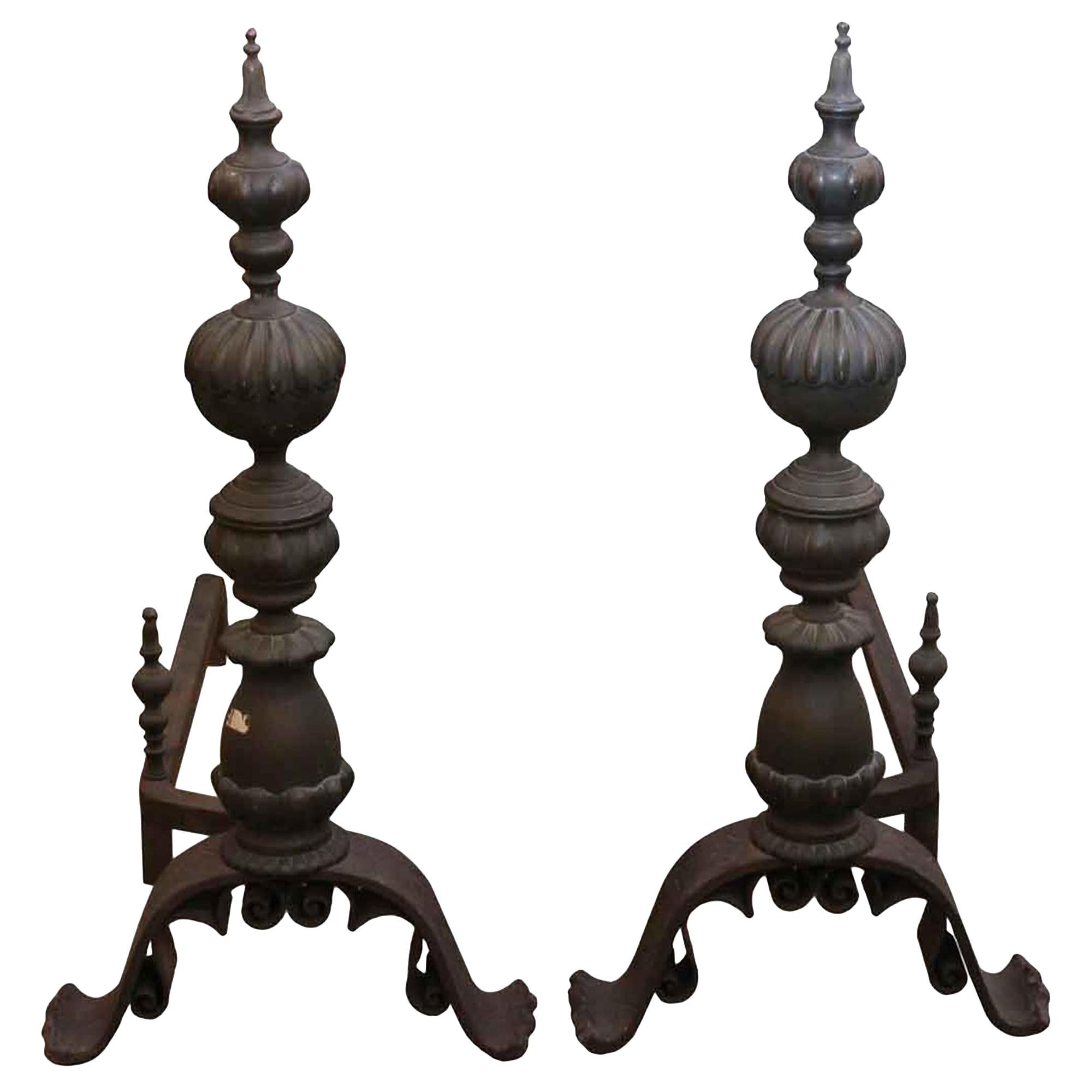 1890s Pair Cast Iron and Swirl Design Bronze Andirons For Sale