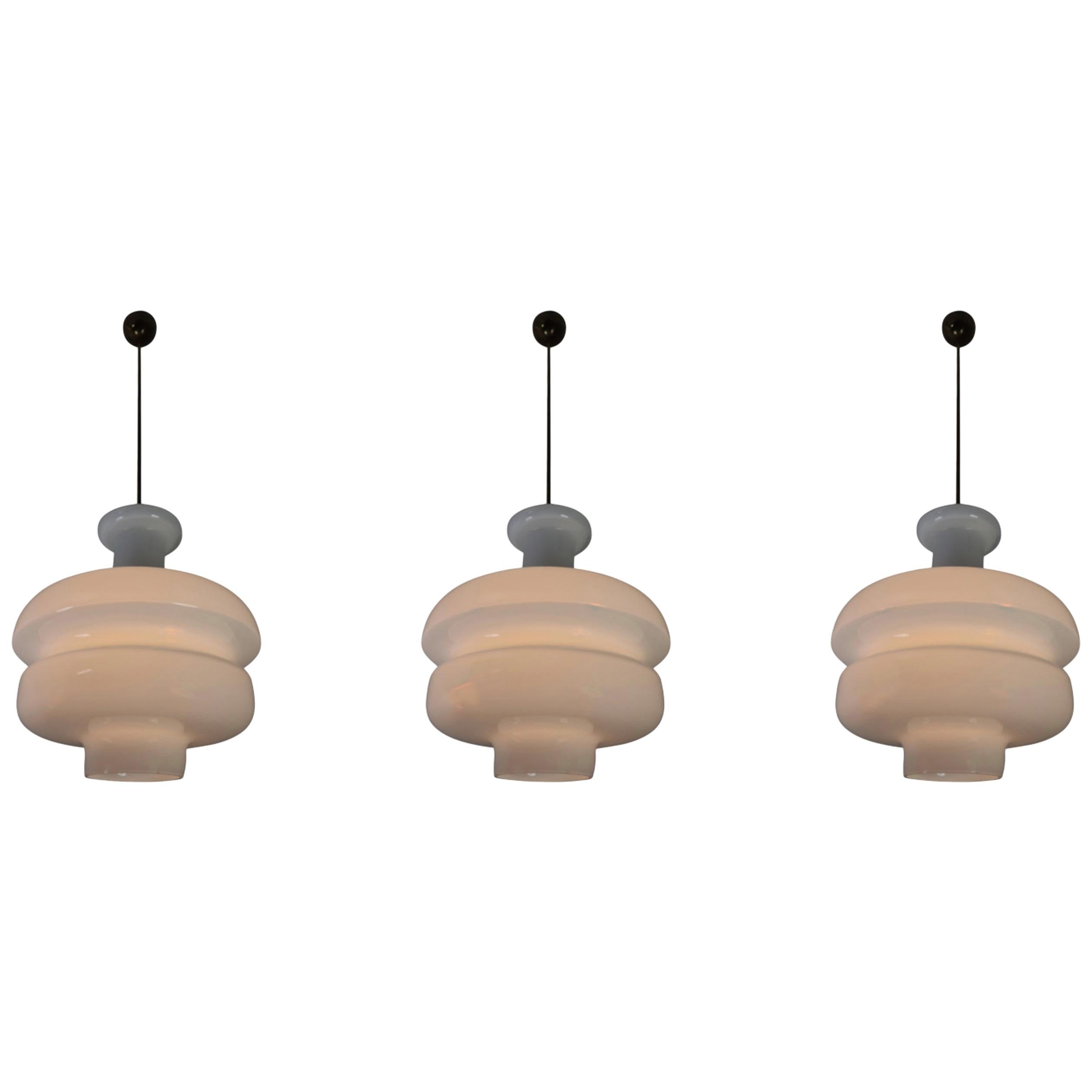 Set of Three Large Midcentury Pendants, Opaline Glass and Brass, Europe, 1960s