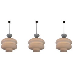 Set of Three Large Midcentury Pendants, Opaline Glass and Brass, Europe, 1960s