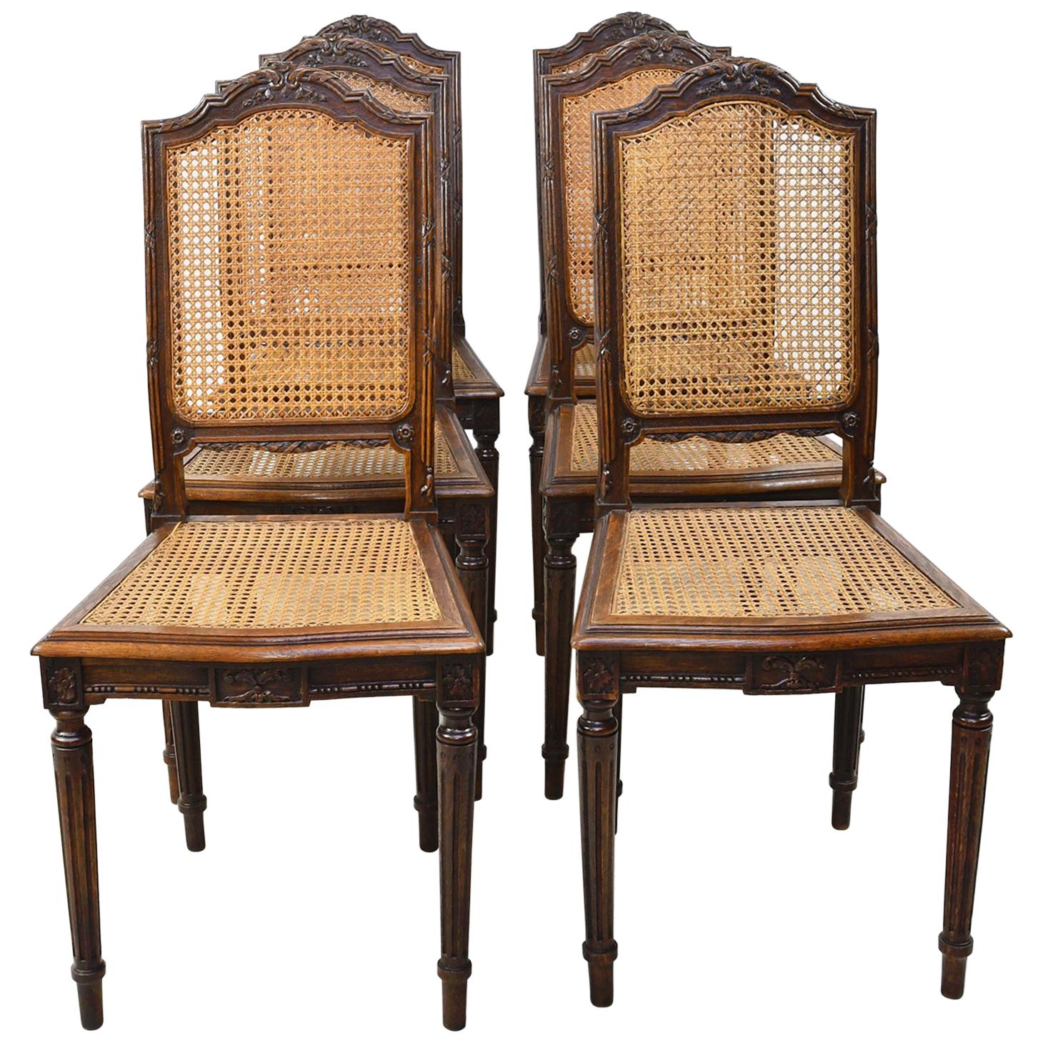 Set of Six Antique French Louis XVI Style Chairs in Oak w Woven Cane Seat & Back For Sale