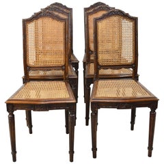 Set of Six Antique French Louis XVI Style Chairs in Oak w Woven Cane Seat & Back