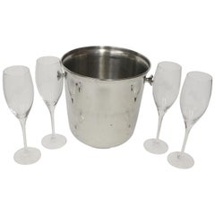 1980s NYC Waldorf Astoria Hotel Ice Bucket and Wine Glass Set