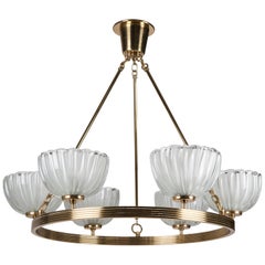 Six-Light Art Deco Brass Hoop Chandelier by Murano Maker Barovier & Toso