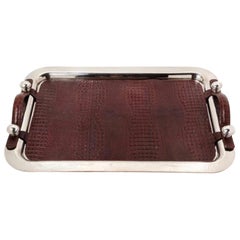 Vintage Argentine Silver-Plate and Leather Serving Tray, Plata Lappas, Buenos Aires