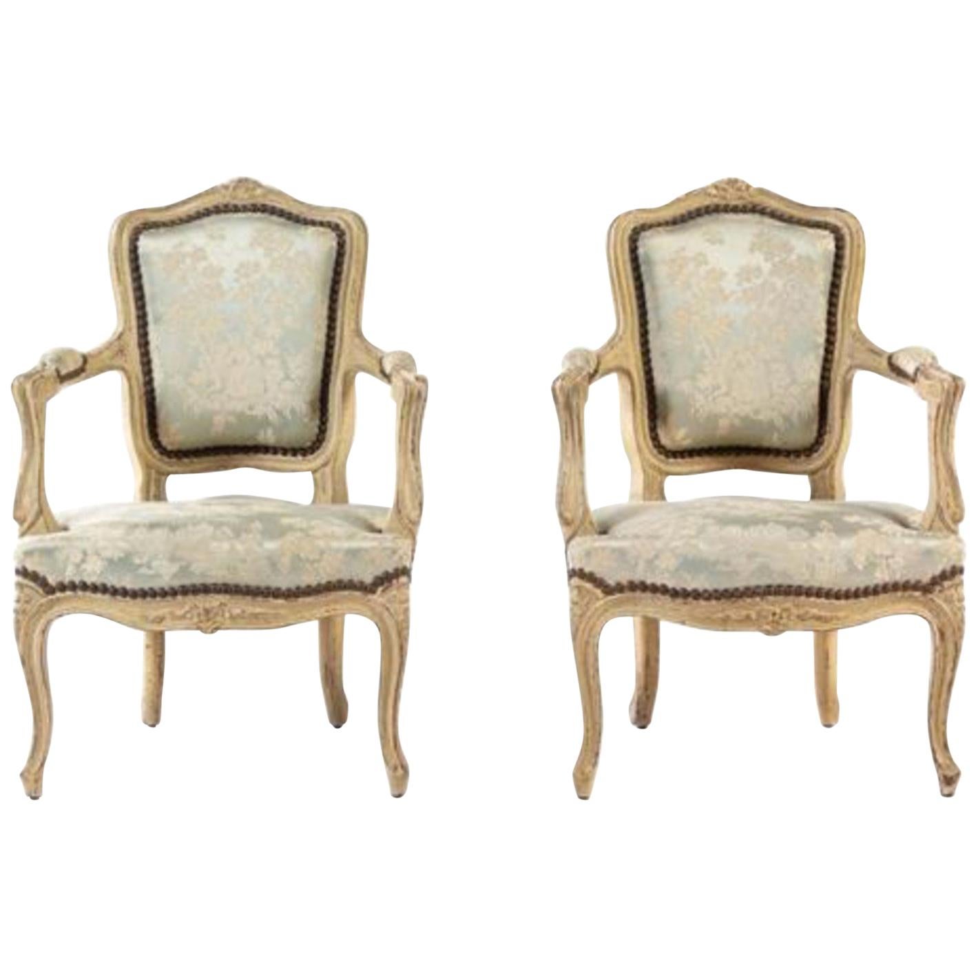 Charming 19th Century Pair of Louis XV Style Painted Child's Chairs Upholstered. For Sale