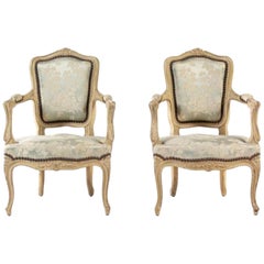 Antique Charming 19th Century Pair of Louis XV Style Painted Child's Chairs Upholstered.