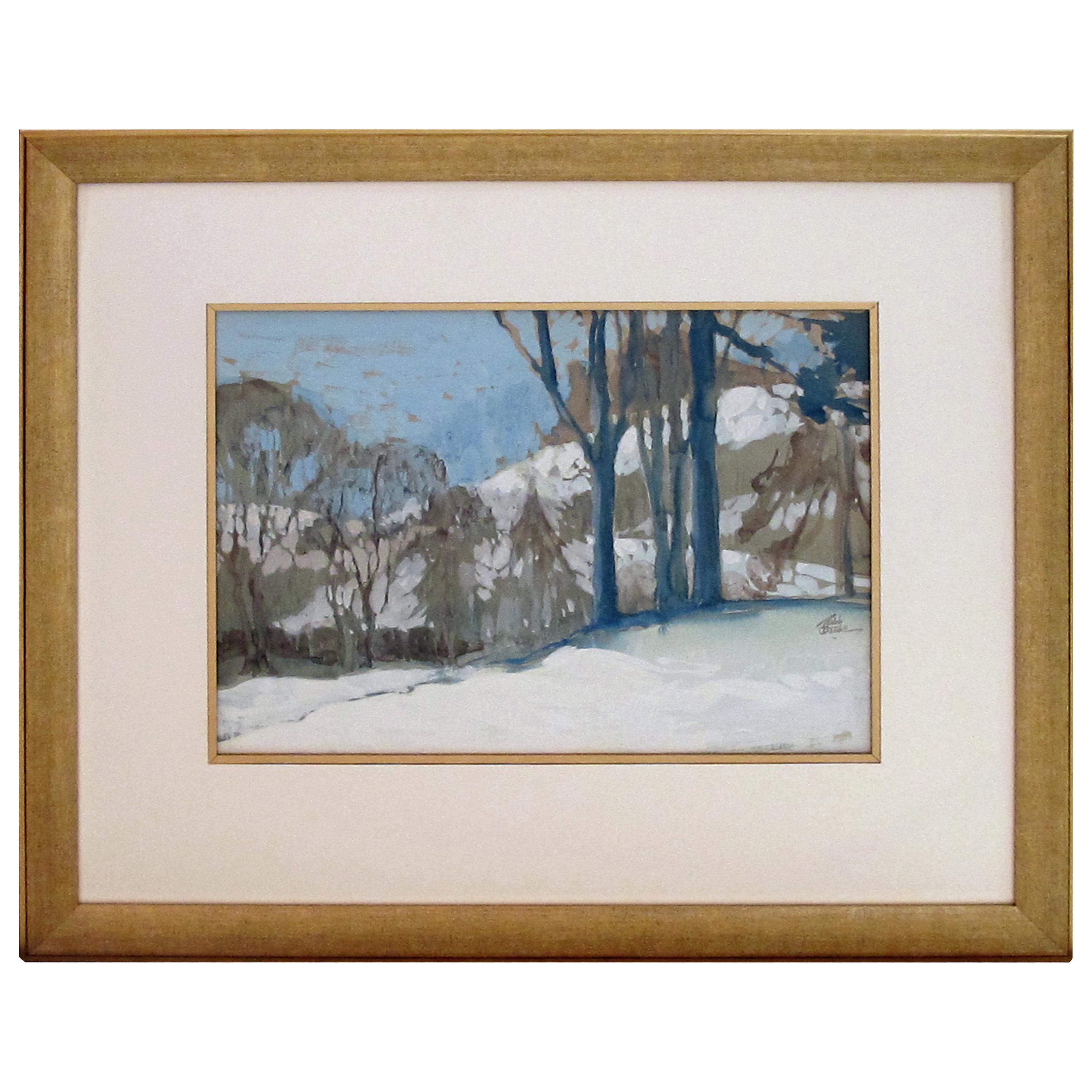 Gouache on Paper of an Atmospheric Wintry Forest Scene Signed Robb Beebe