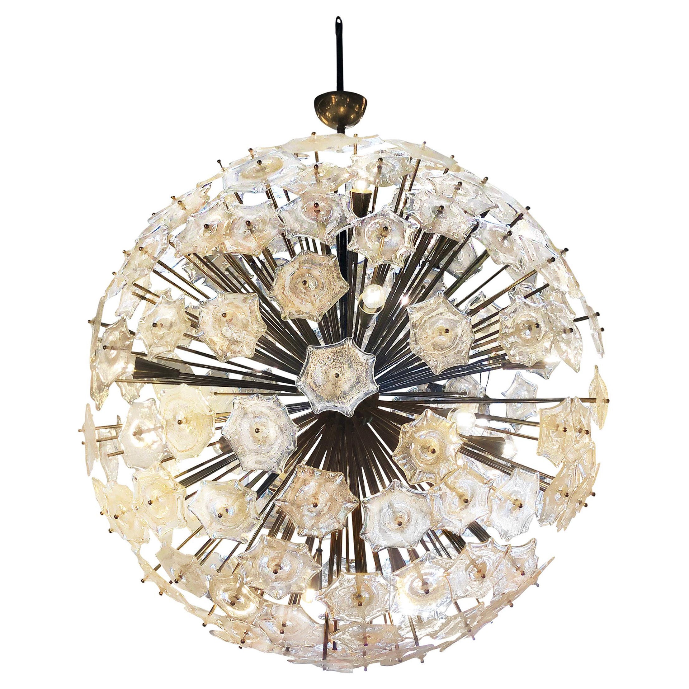 20th Century Italian over Size Sputnik Murano Glass Chandelier, Brass Pendant For Sale