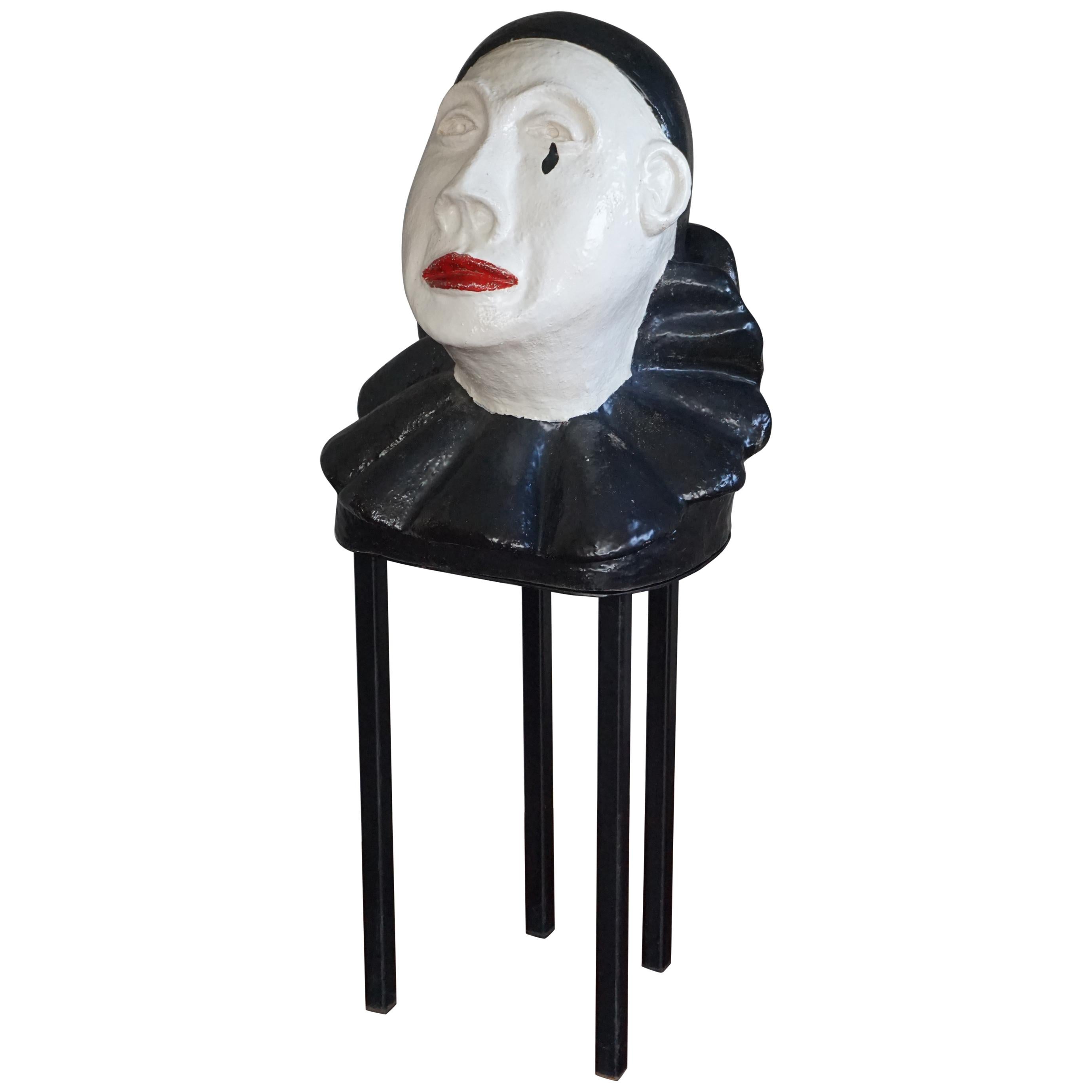 Large Handcrafted Glazed & Marked Midcentury Pierrot Bust / Pedrolino Sculpture For Sale