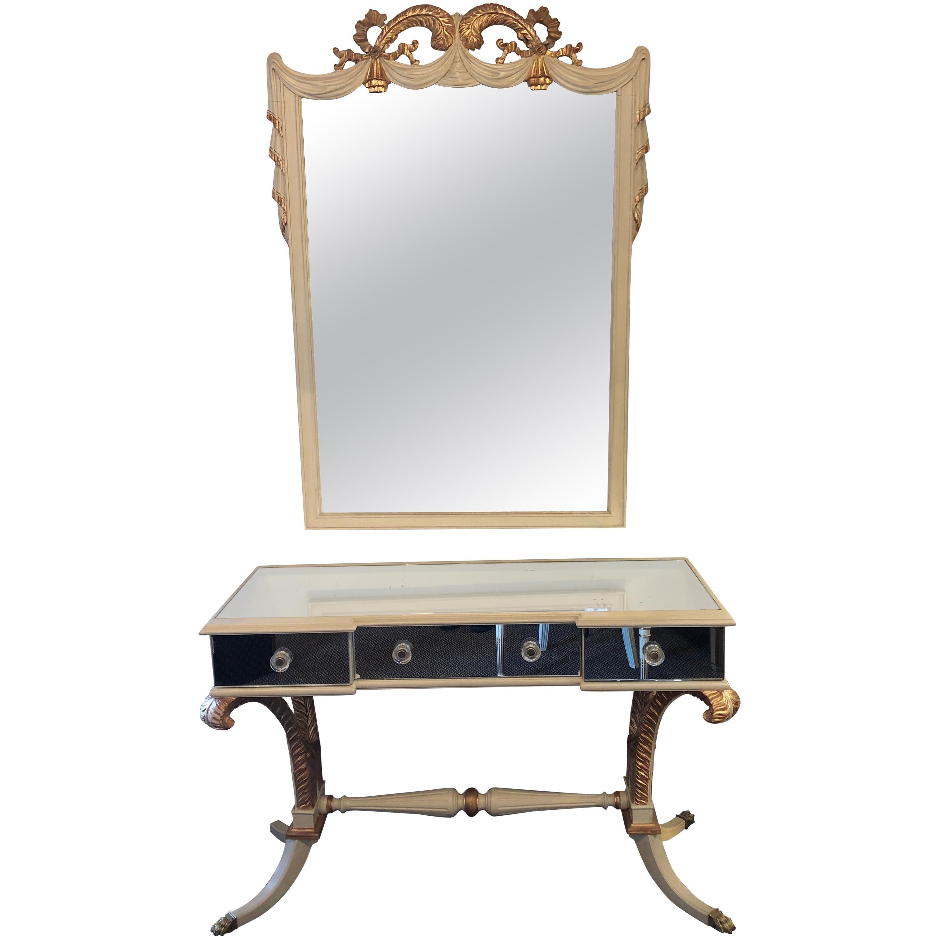 Hollywood Regency Grosfeld House Painted Vanity and Matching Mirror