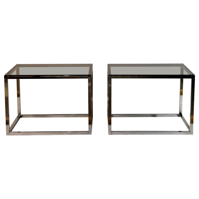 Pair of Minimalistic Chrome and Smoked Glass Side or End Tables For