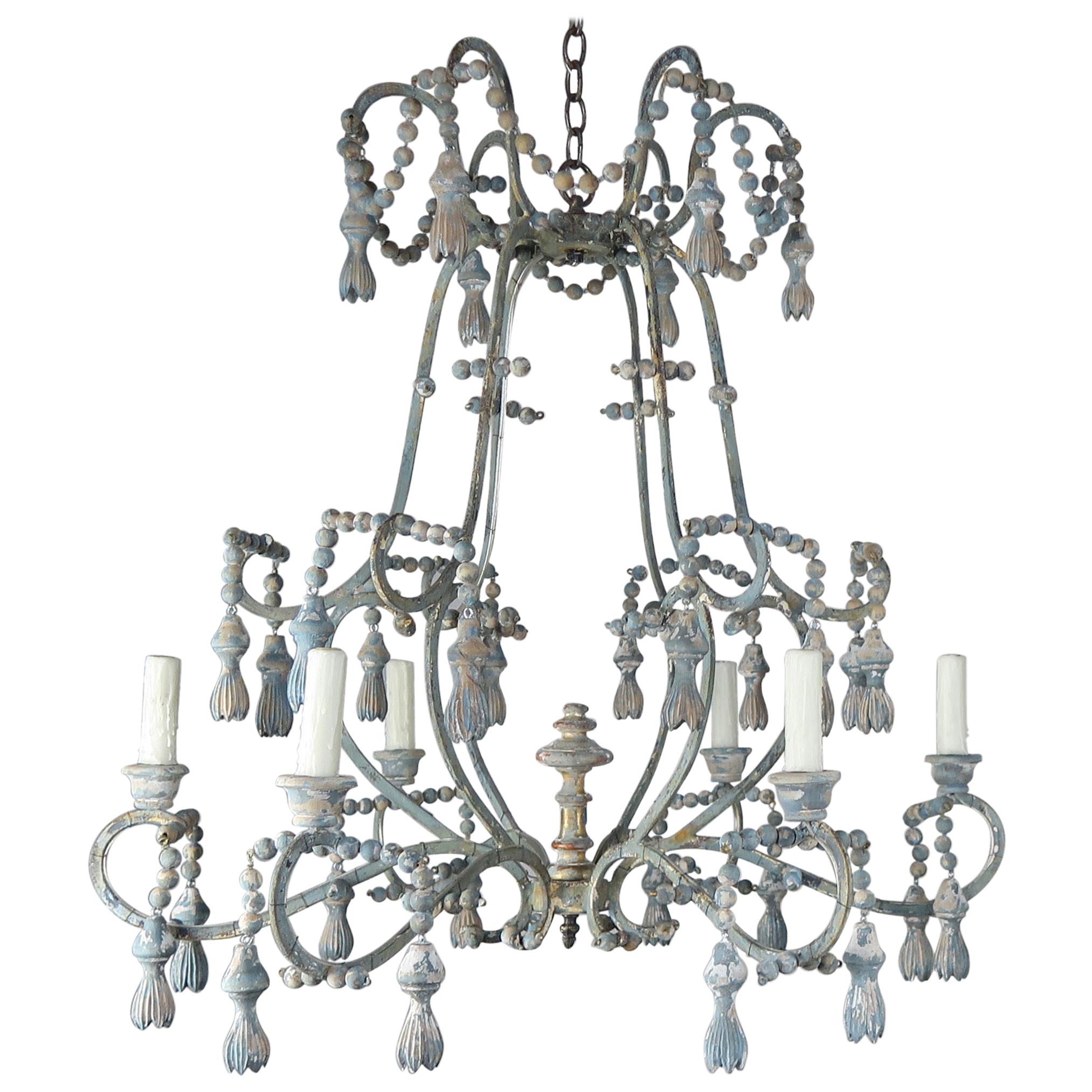 Italian Painted Six Light Iron and Wood Chandelier with Tassels