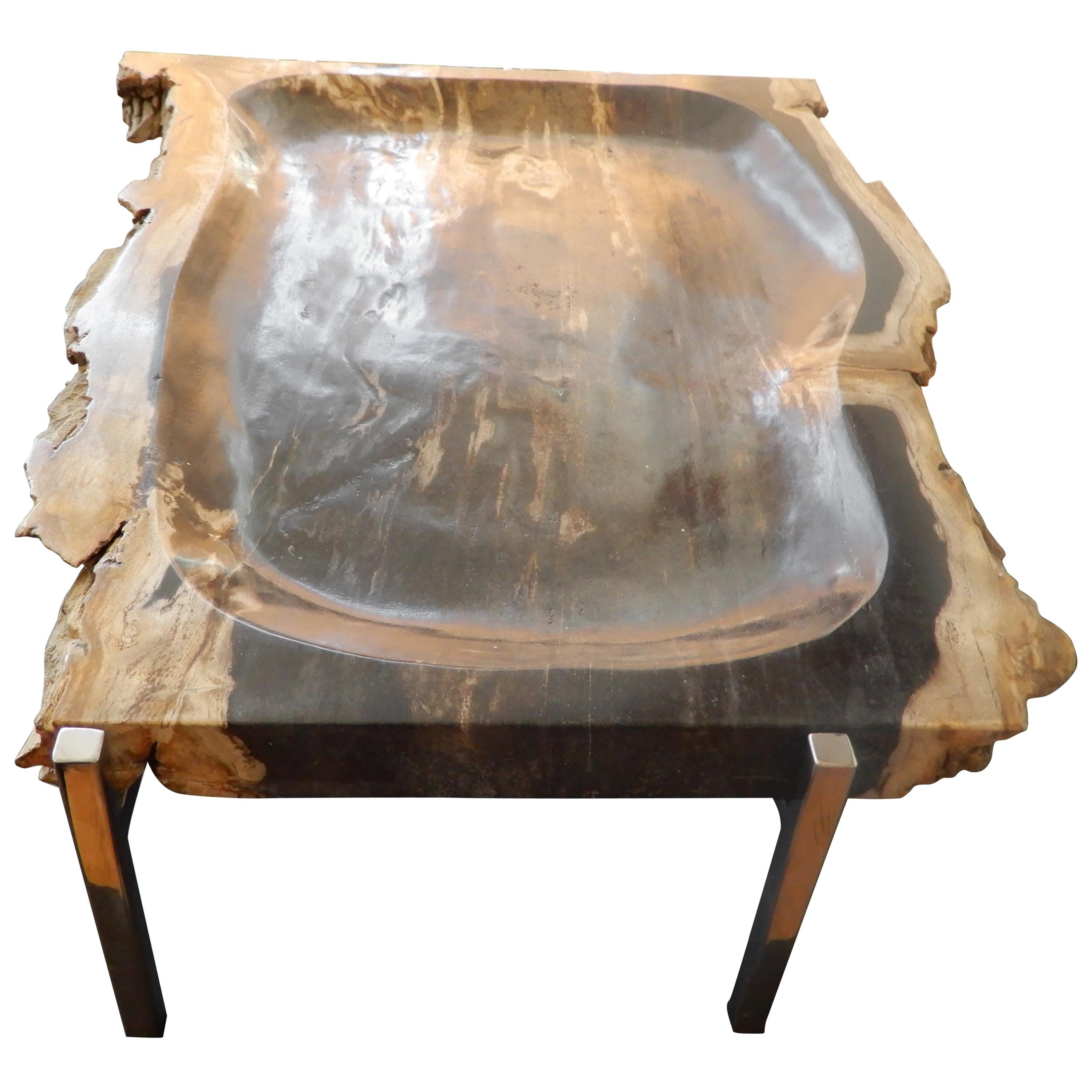 Artisan Crafted Petrified Wood and Chrome Platter