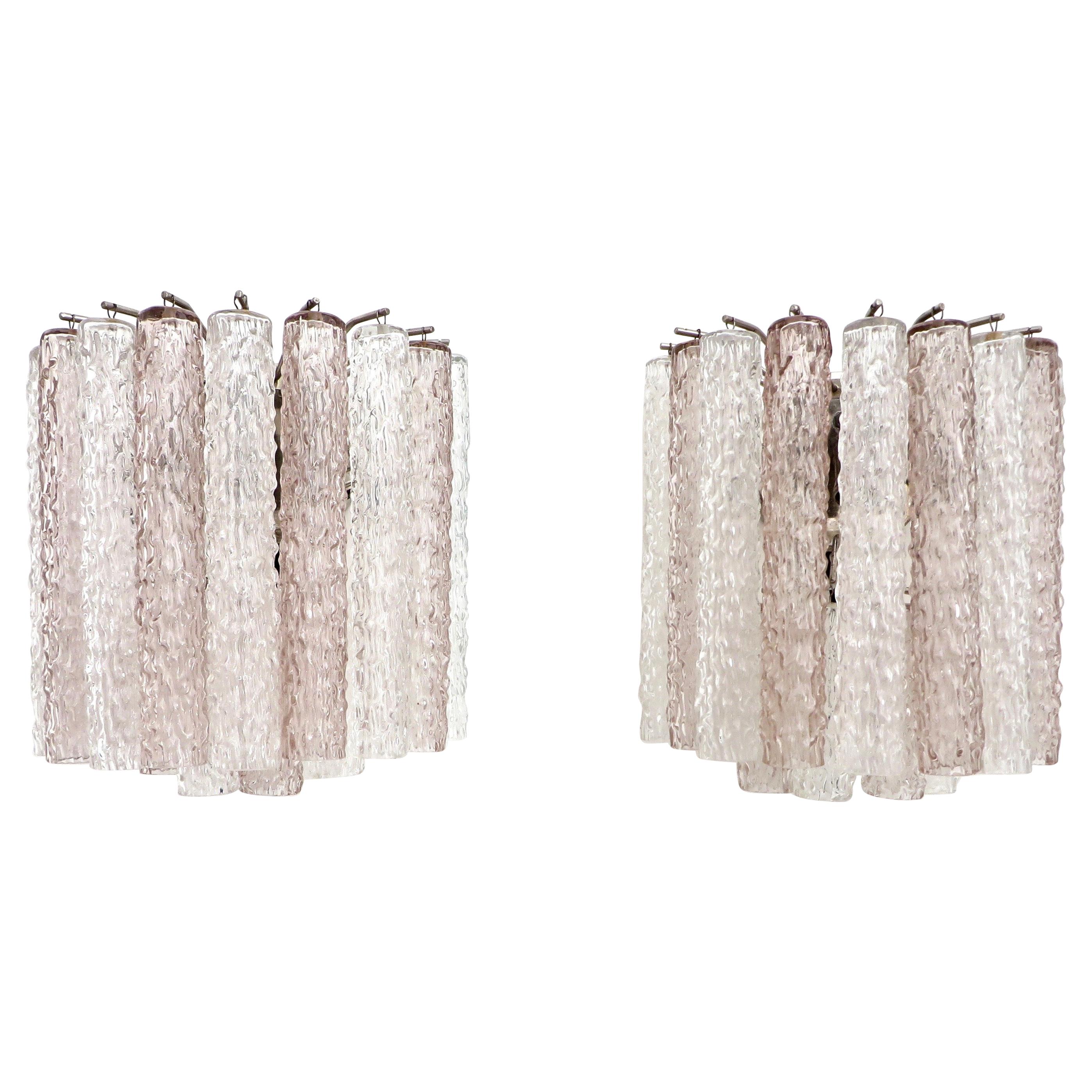Italian Glass Pale Lavender Pink and Clear Tronchi Murano Sconces by Venini