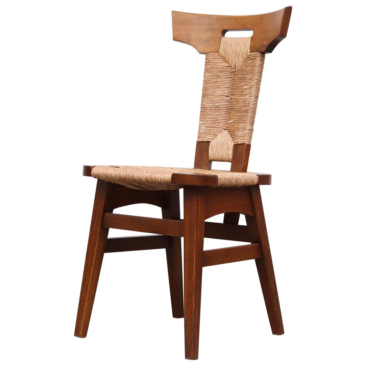 Single Pierre Chapo Style Brutalist Rush and Walnut Side Chair