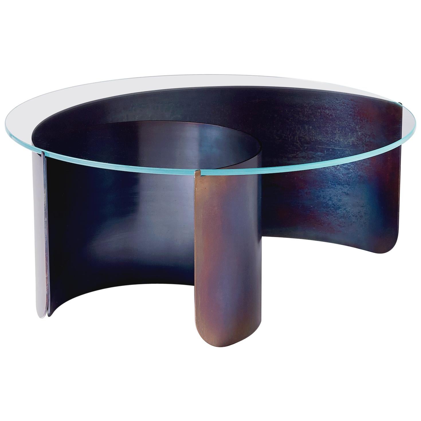 Wave Coffee Table in Contemporary Heat Tempered Steel and Starfire Glass For Sale