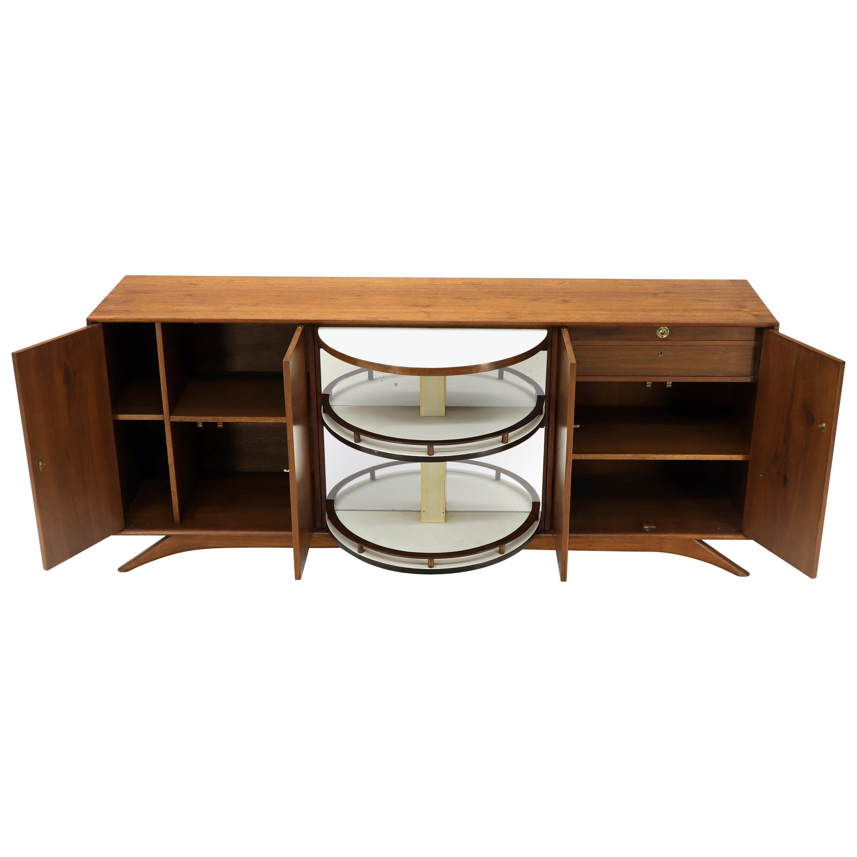 Swivel Centre Bar Walnut Mid-Century Modern Credenza Sideboard Sculptural Legs For Sale