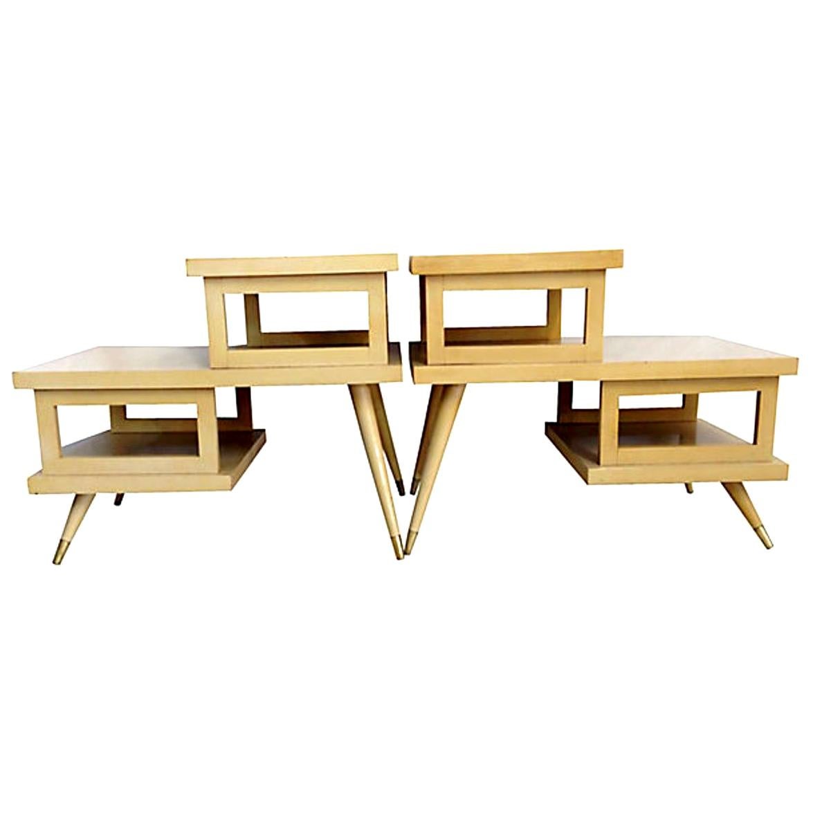 Mid-Century Modern Pair of Wood Laminate and Brass Three-Tier Side Tables For Sale